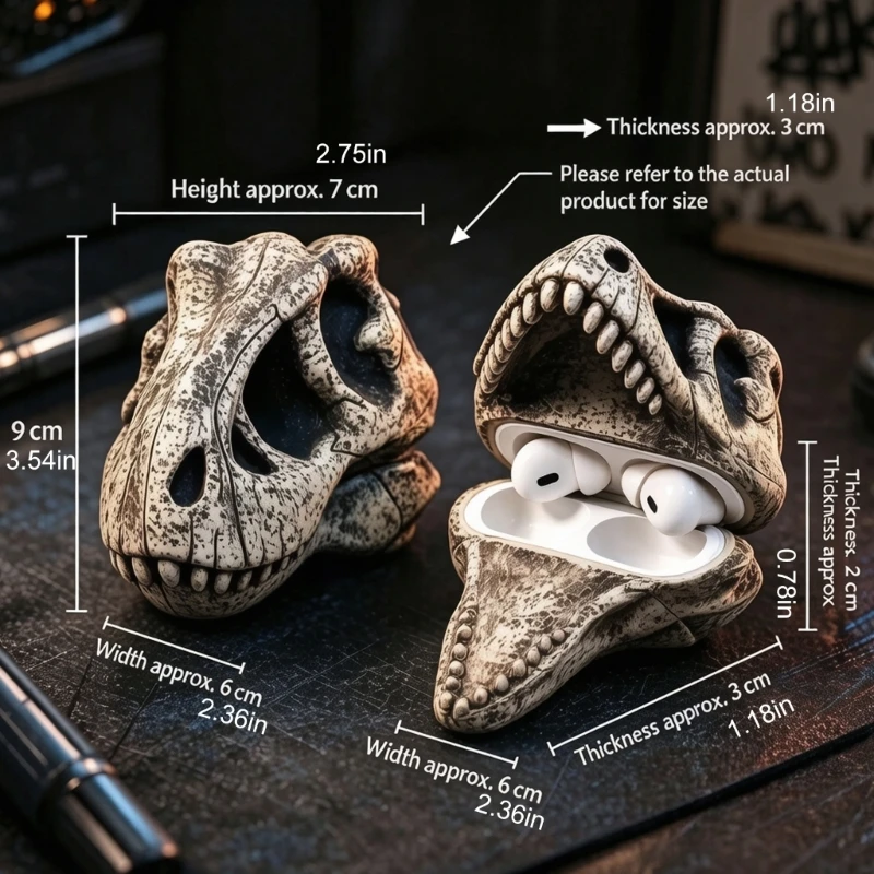 Rigid Dinosaur Skull Earbud Case Cover Skin with Raised Bone Lines Weathered Texture and Separate Hard Shell Sections 896C