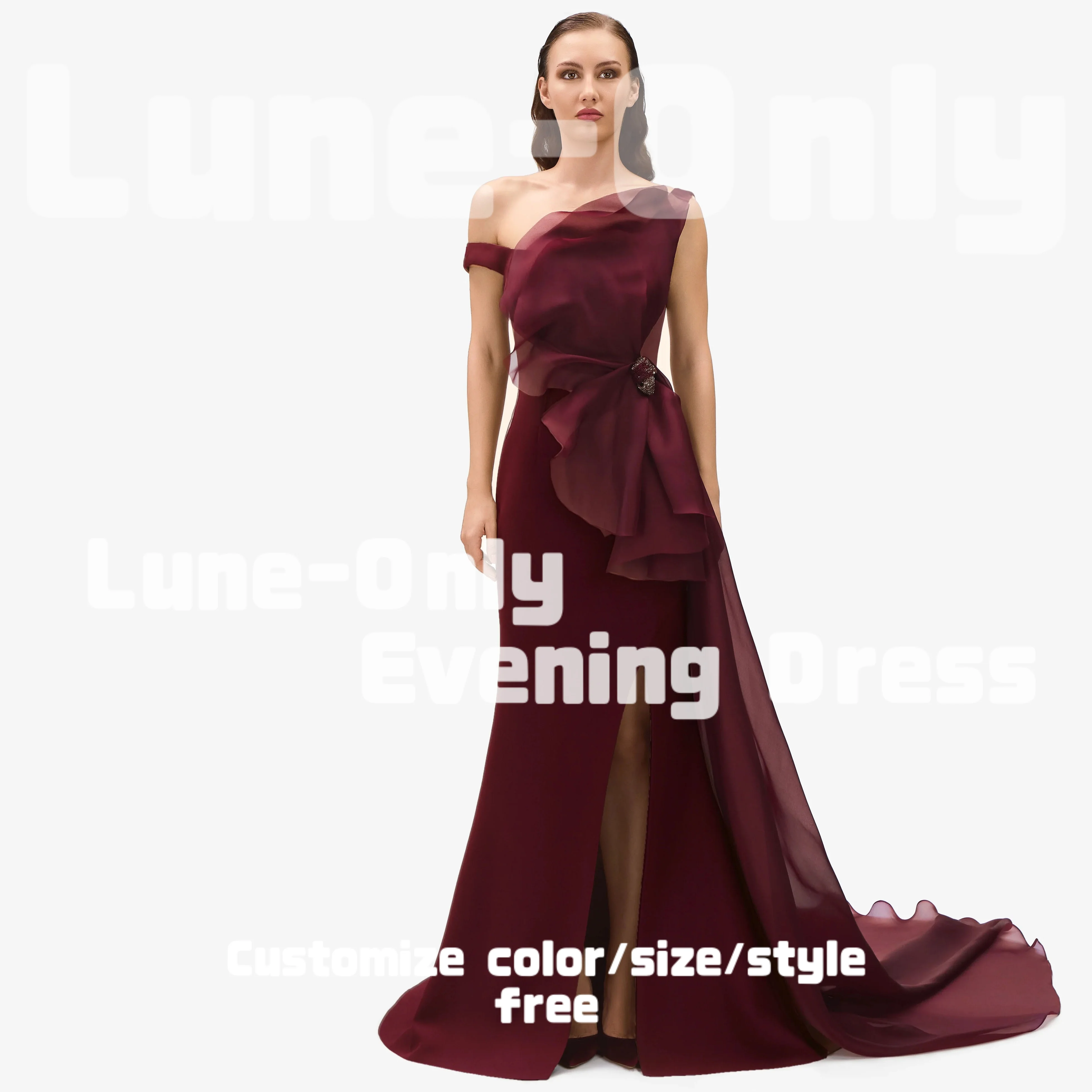 カスタマイズされたブルゴーニュオフショルダーエレガントな女性のイブニングドレスフォーマルな機会のためのオーガンザフリルウエディングドレスパーティードレス