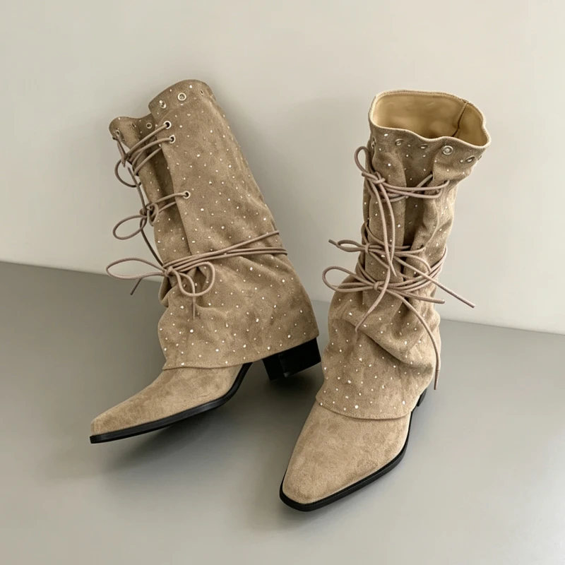 Rivet Rhinestone Chunky Heel Winter Boots Women Pointed Toe Cross Straps Details Fashion Less Than Knee Warm Fold Designer Boots