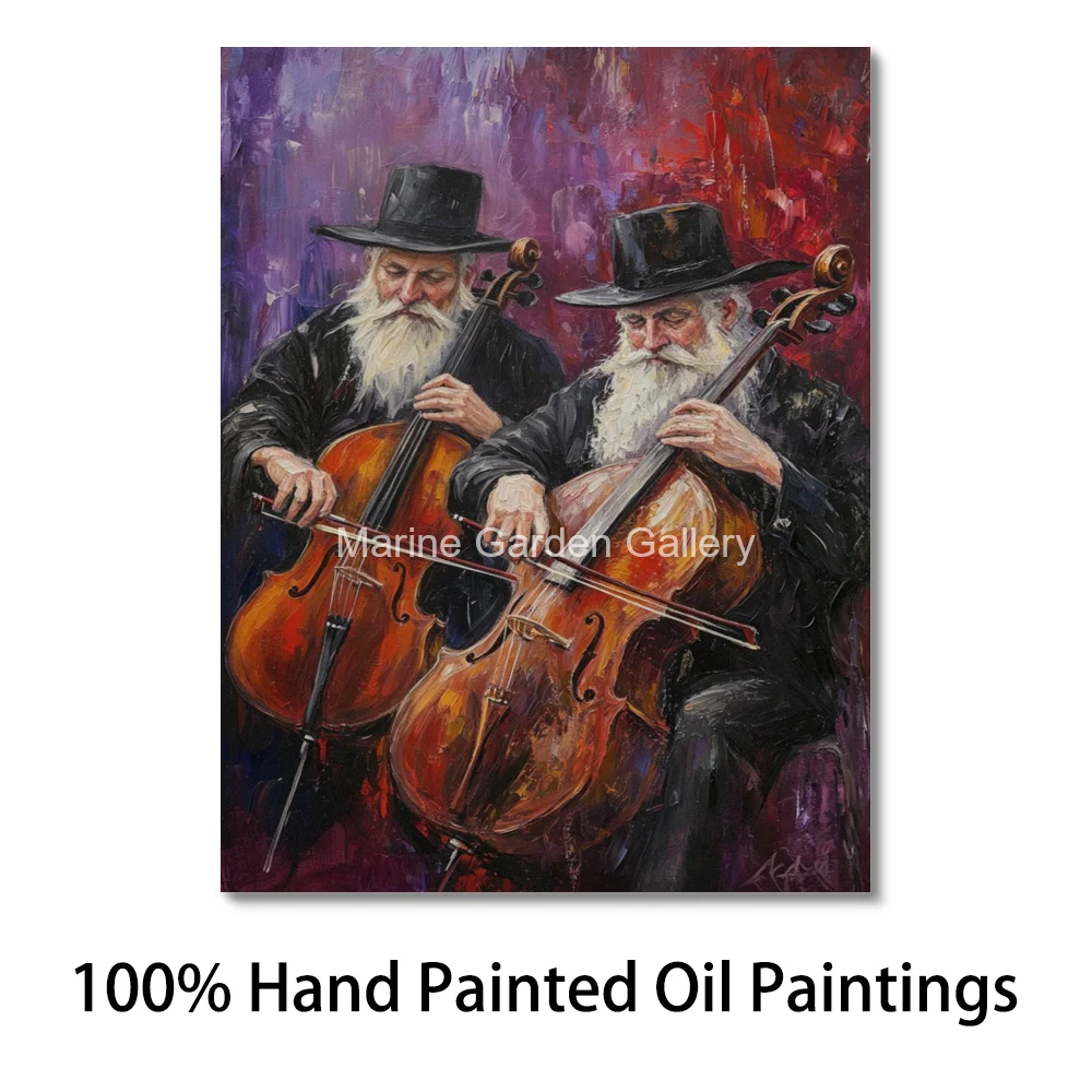 Hand Painted Jewish Musician Oil Painting Hasidic Rabbis Playing Cello Impasto Portrait Canvas Art For Music Room Home Office