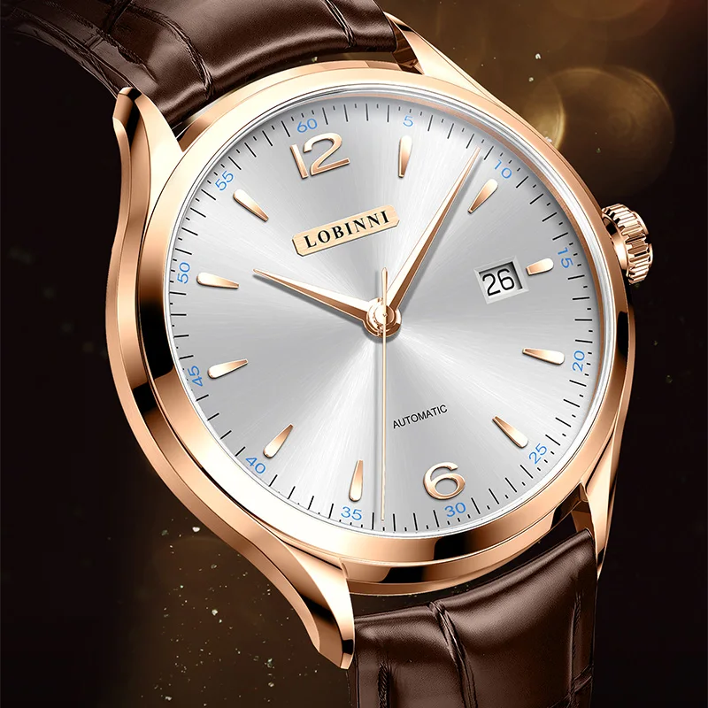 

LOBINNI Classic Design Mechanical Watch For Men Leather Strap Ultra-thin 8mm Dial Date 40mm Automatic Watches Wrist