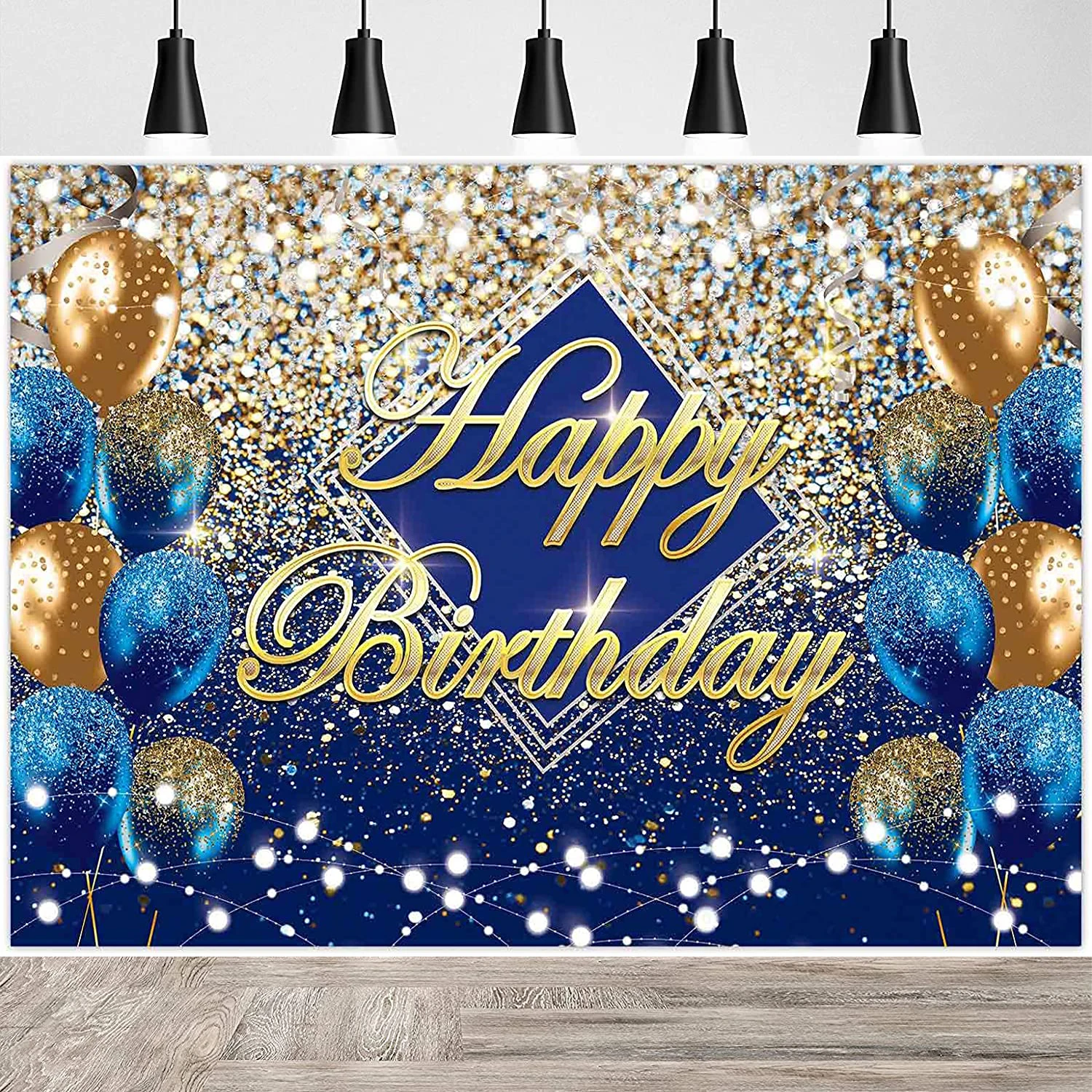 

Royal Gold Happy Birthday Party Photography Backdrop Blue Silver Glitter Background Men Women Bday Supplies Decoration