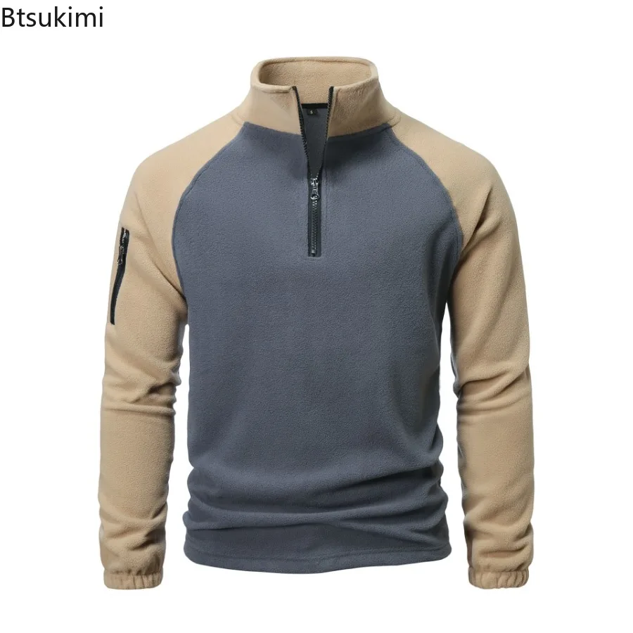 

2025 Men's Half Zip Stand Collar Sport Hoodies Fashion Patchwork Fleece Pullover Tops Male Outdoor Training Fitness Sweatshirts