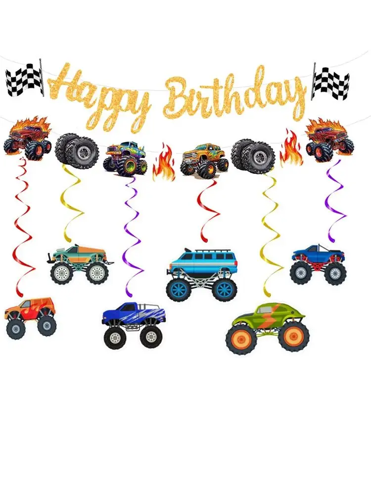 Monster Truck Party Dekorationsbanner Monster Truck Happy Birthday Girlande Banner Hängedekoration Jungen Rennwagen Party Dekoration – Detail 1