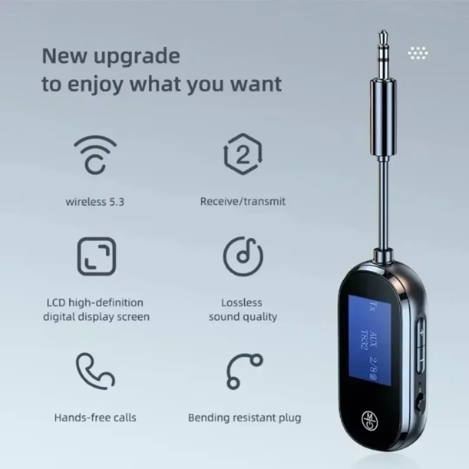 Wireless Bluetooth Transmitter Receiver with LCD Screen 5.3 2 in 1 Audio Adapter 3.5mm AUX Type-C for TV Car Home Stereo Speaker