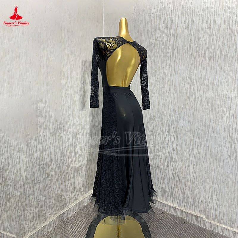 Women Long-sleeved Big Swing Dress with Breast Pad Standard Waltz Foxtrot Tango Performance Clothing Latin Practice Costume