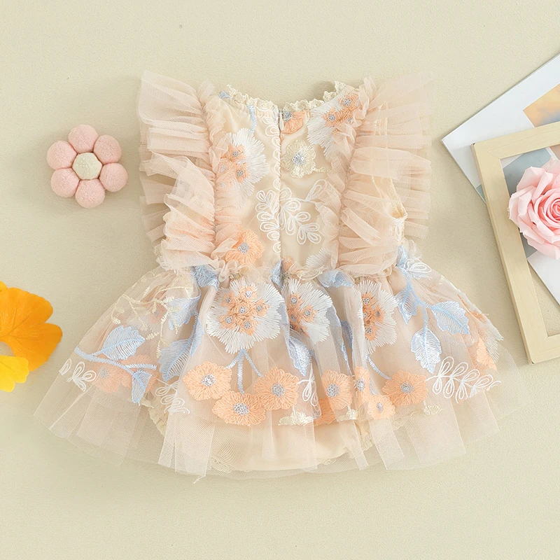 Newborn Baby Girl Romper Dress  Summer Bodysuit Floral Embroidery Mesh Tutu Dress Sleeveless Jumpsuits Princess Summer