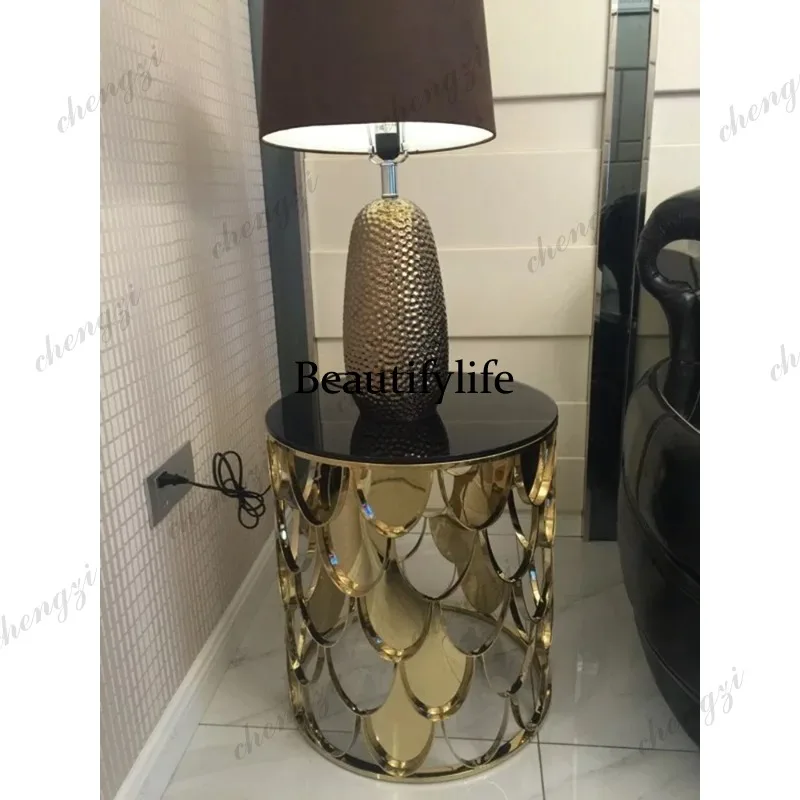 Modern fish scale stainless steel living room side table personalized gold small coffee table simple round bedroom bedside table
