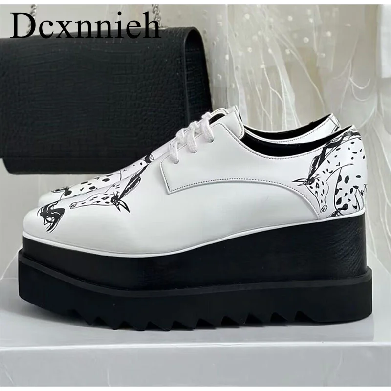 Wedges Increase Casual Shoes Women Genuine Leather Lace-up Platform Design Flat Shoes Spring Autumn Square Toe Walking Shoes