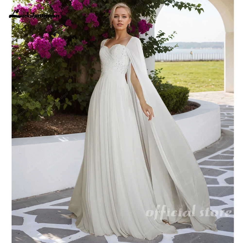 

Lakshmigown Bohemian Chiffon Pleat Beads Wedding Dress with Removable Cape 2026 New vestido de novia bohemio Customized
