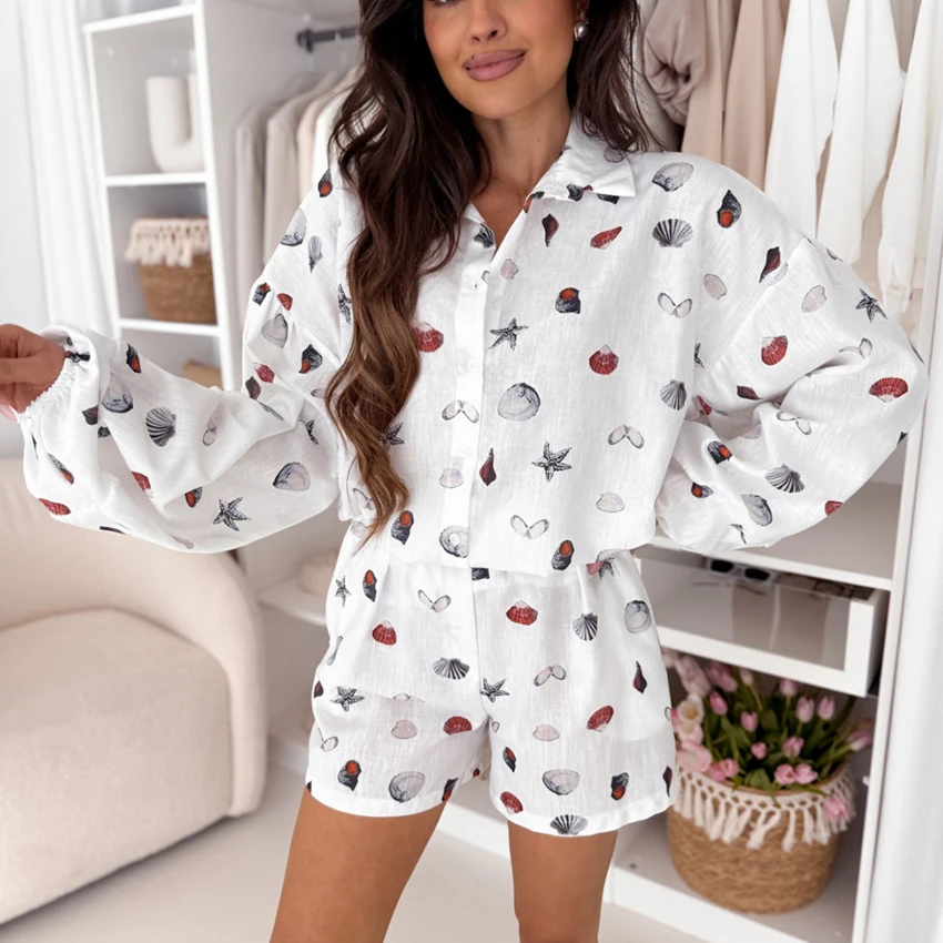 

Hiloc Beach Style Print Loose Woman Pajama Set Marine Life Print Lapel Cuffed Sleeve Single-Breasted Blouse Summer Shorts Suits