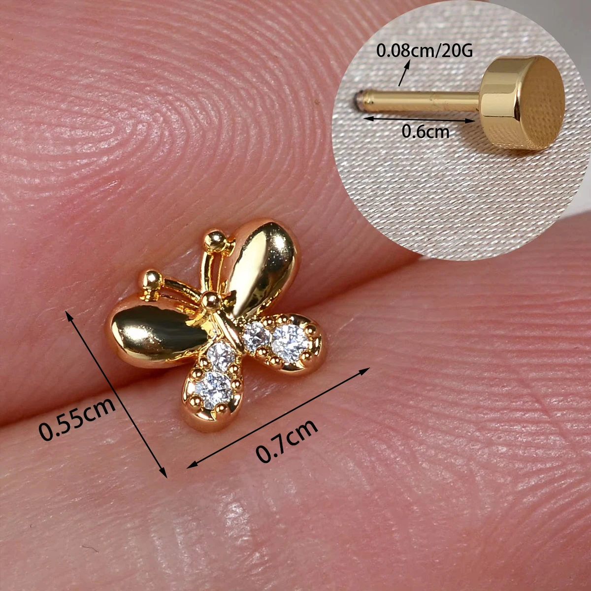 1 Stück 20G Winziger Kristall-Schmetterling Knorpel-Ohrstecker aus Edelstahl mit Zirkonia für Conch, Rook, Tragus, Damen Flachpiercing-Schmuck – Detail 1