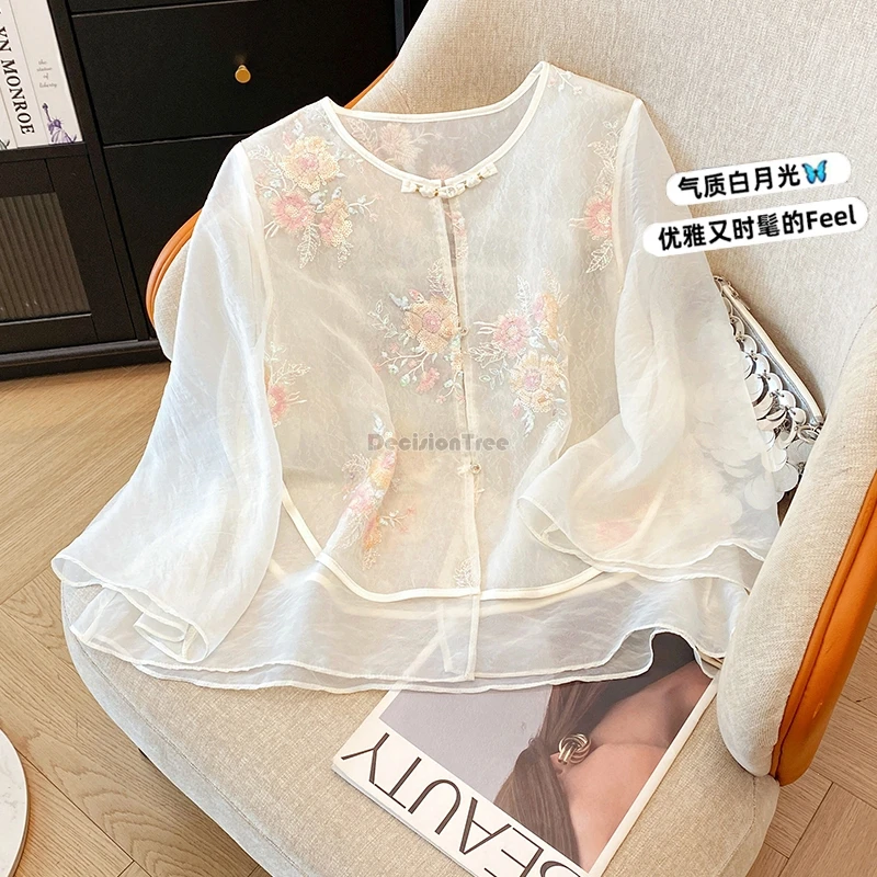 

2025 new chinese retro style embroidered spring and summer yarn women tang suit blouse casual long sleeve loose elegant top t001