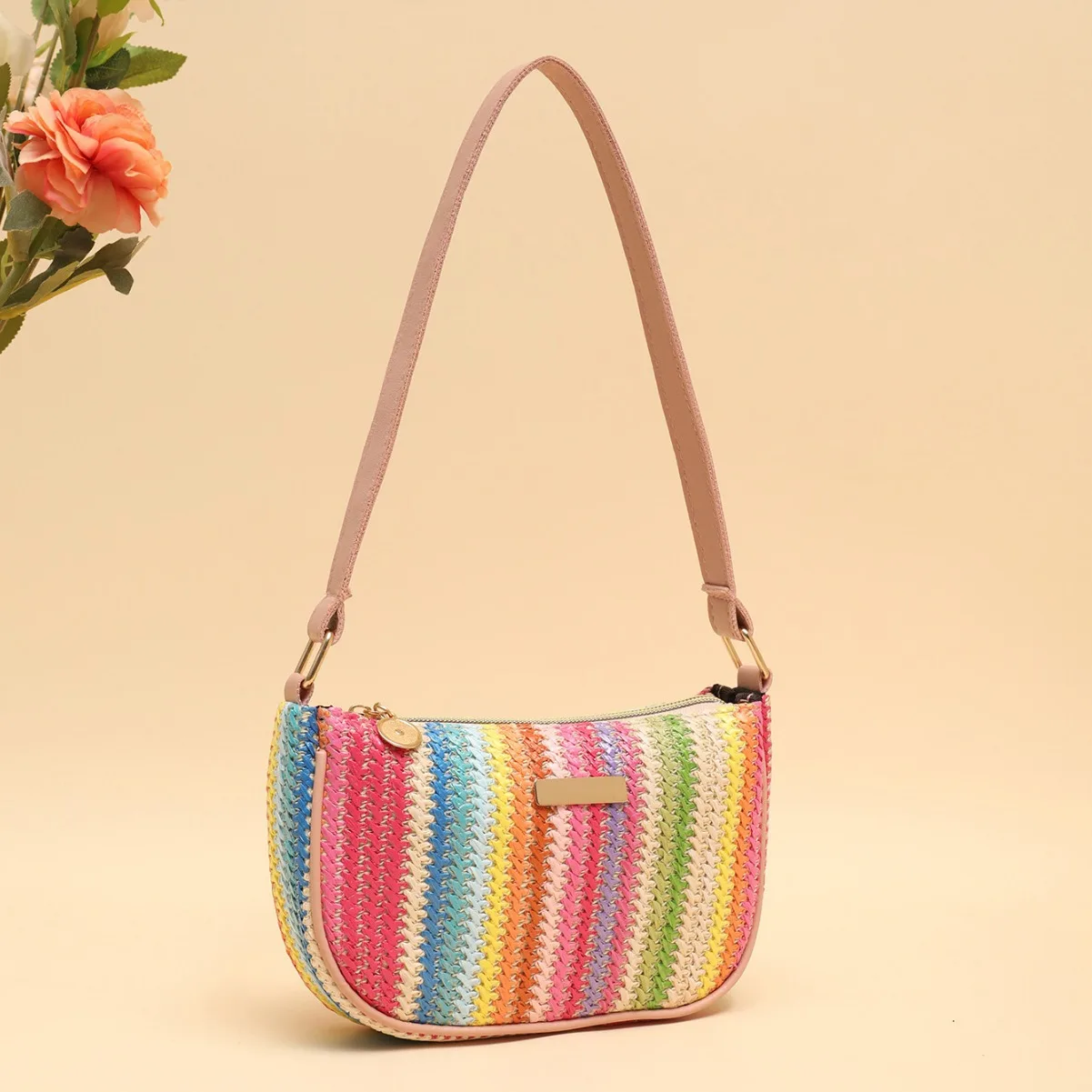 Rainbow Straw Bag Woven Underarm Bag Versatile Girls Shoulder Crossbody Beach Bag