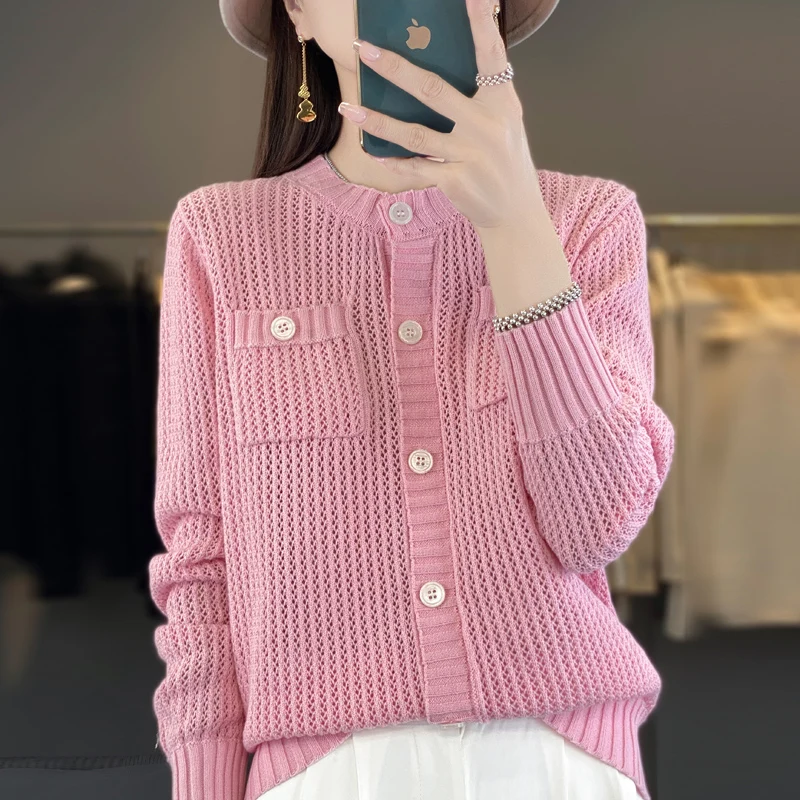 2024 New Spring and Summer Women Cashmere Cardigan Cashmere Sweaters O-Neck Loose Female Solid Color Knitwear Coat