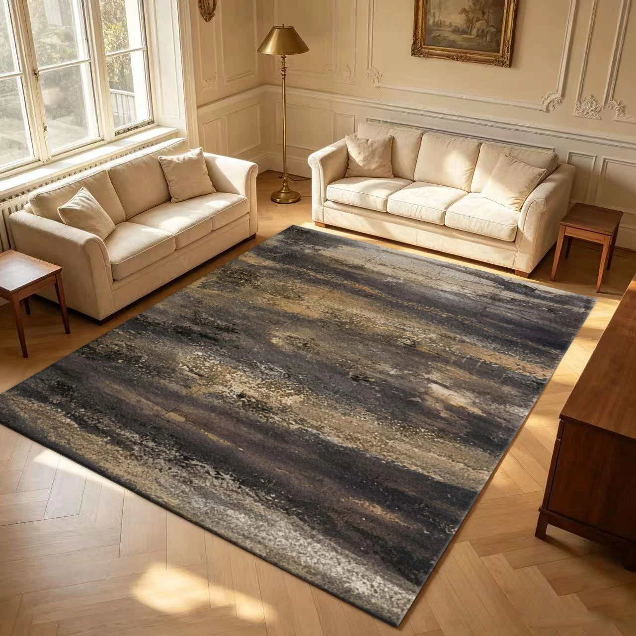 Dark Vintage Abstract Texture Carpet, Industrial Style Distressed Non-Slip Carpet, Suitable for Living Room, Bedroom, and Home Interior Decoration