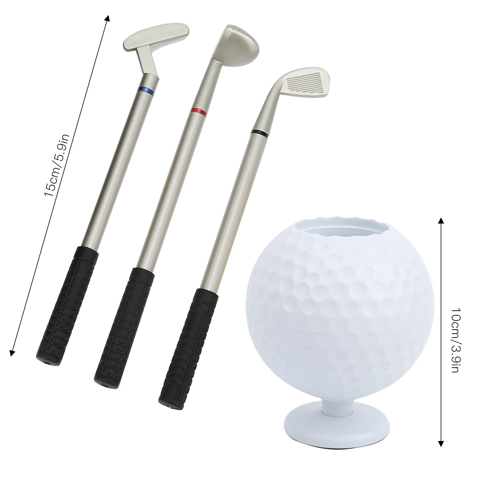Mini Desktop Golf Ball Pen Holder with 3 Golf Cue Pens Plastic Golfer Souvenir Set Gift
