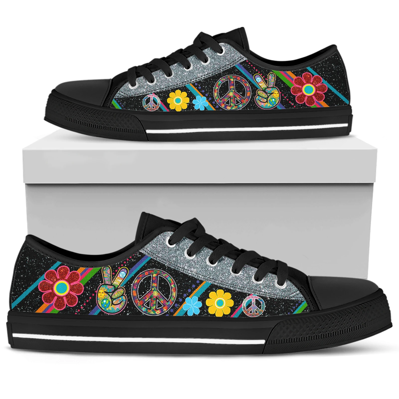 ELVISWORDS Boho Peace Logo Design Black Lace-up Sneakers Hippie Design Women's Shoes Floral Print Canvas Shoes Zapatos Mujer