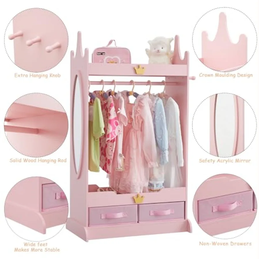 Pink Dress Up Storage Armoire with Full-Length Mirror and Non-Woven Drawers Open-Style Costume Closet with Adjustable Hanging R