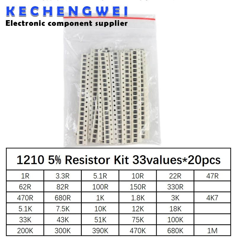 

1210 SMD Resistor Kit Assorted Kit 1ohm-1M ohm 5% 33valuesX 20pcs=660pcs DIY Kit