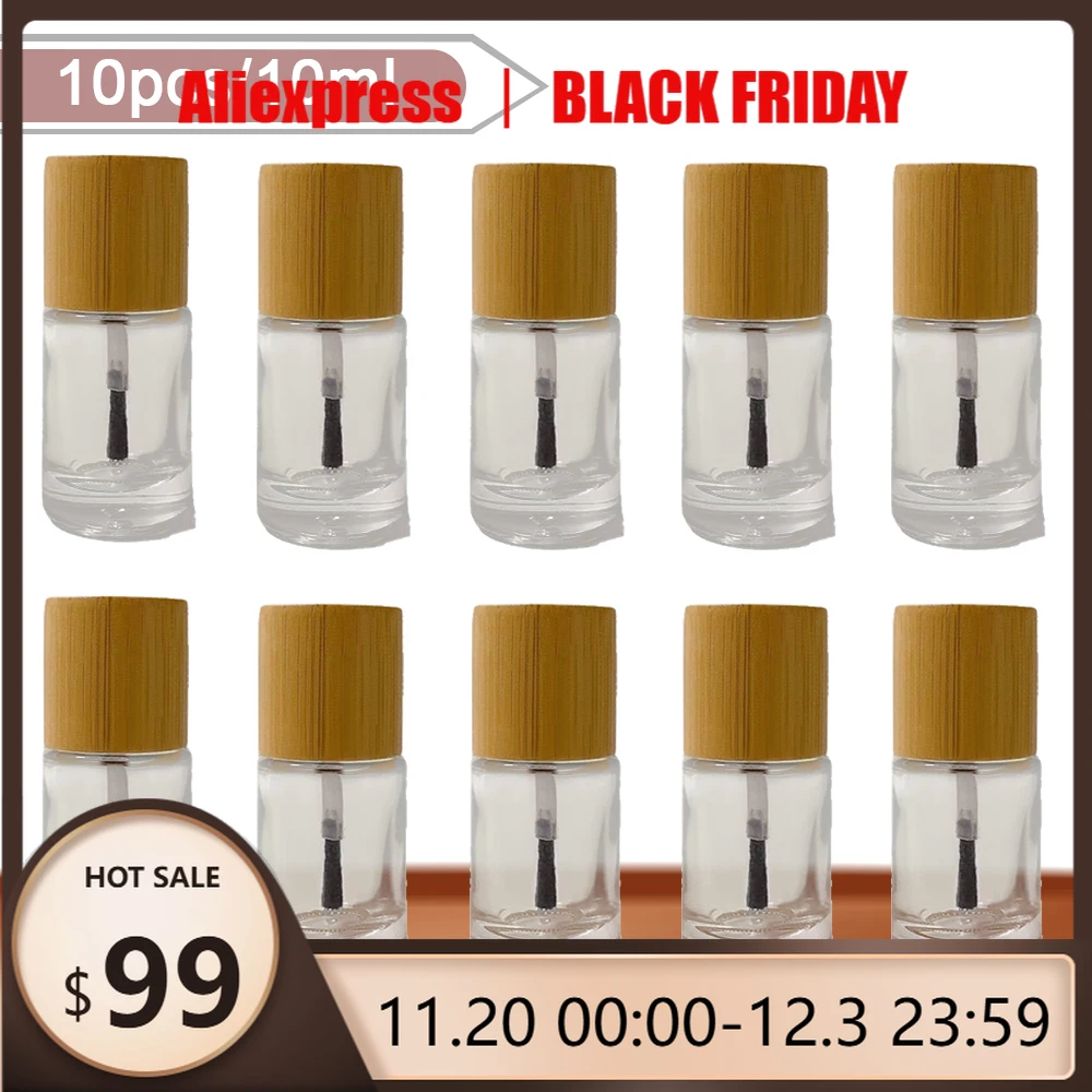 

10PCS Containers Custom Bamboo Cover Cosmetics 10ml Round Container Empty Nail Glue Polishing Glass Bottles For Liquid Dispenser