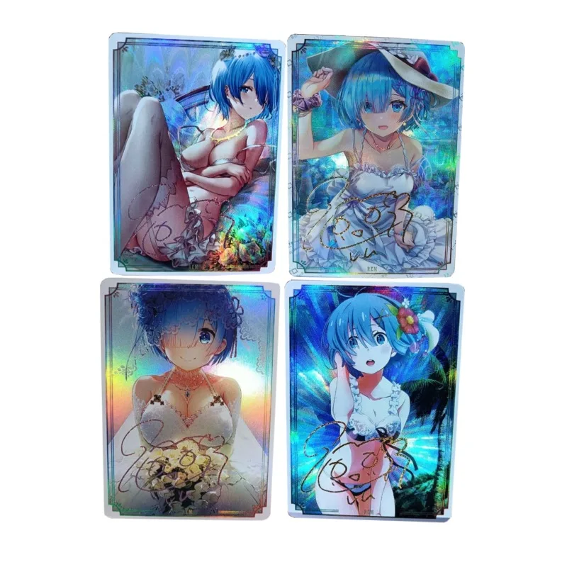 4PCS/SET Re:Life in A Different World From Zero Rem Self Made Refraction Flash Card Anime Classics Game Collection Cards Toy