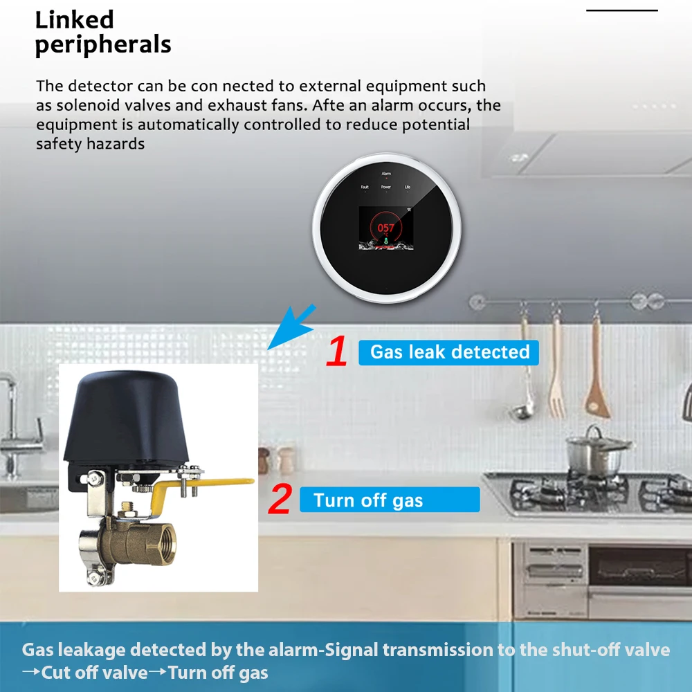 جهاز إنذار غاز منزلي مع شاشة ساعة ، جهاز واي فاي تويا ، كاشف درجة الحرارة ، كاشف غاز البروبان الطبيعي ، تسرب المطبخ #5
