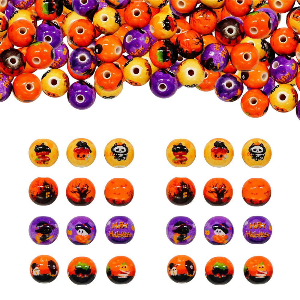 10PCS Halloween Acrylic Beads Random Mixed Ghost Pumpkin Round Spacer Beads DIY Bracelet Necklace Jewelry Making Accessory