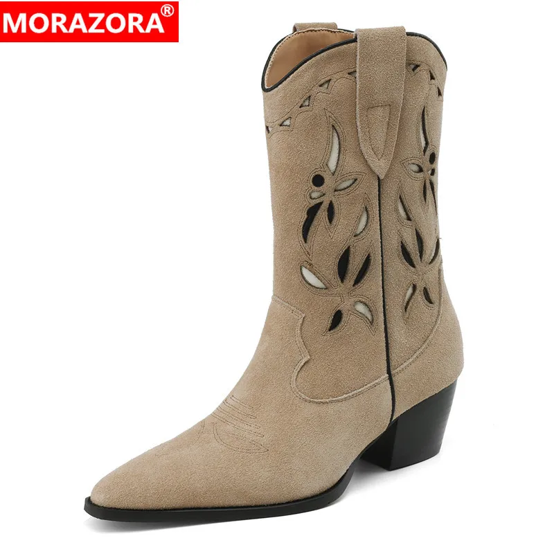 

MORAZORA Plus Size 34-42 New Suede Leather Western Boots Women Chunky Heels Pointed Toe Ladies Spring Autumn Ankle Boots Shoes