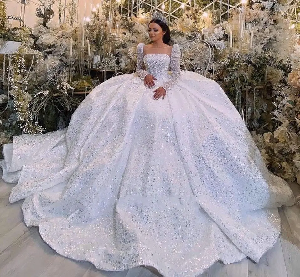 

Luxury Ball Gown Wedding Dress Long Sleeves Bateau Shiny Sequins Beaded Pearls Appliques Princess Bridal Gowns Vestido De Novia