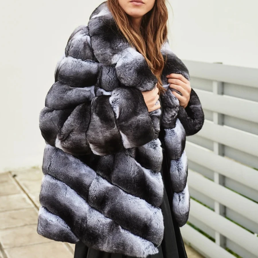 Damen Pelzmantel Chinchilla Pelz echte Rex Kaninchen Pelzmantel mit Kapuze Luxusmarke Winter Frau Pelz jacke