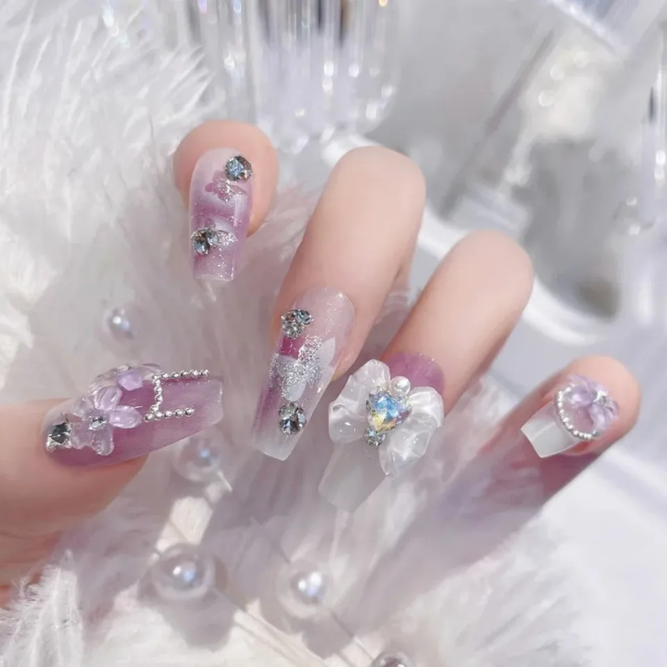 24 uñas postizas para chicas, cobertura completa, dulces y lindas con moño, diseño de cristal rosa, coreanas 5