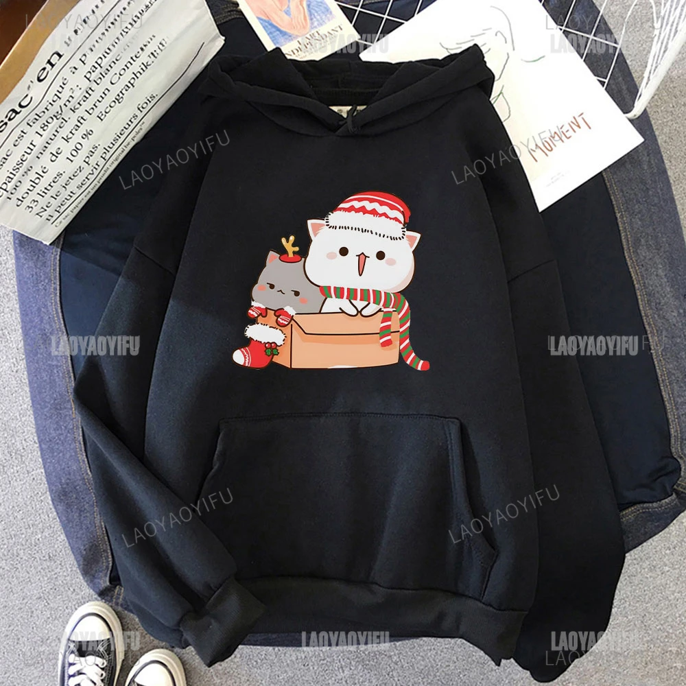 Navidad melocotón y Goma Mochi gato Kawaii estampado de dibujos animados mujeres Sudadera con capucha Harajuku hombres sudaderas de manga larga Jersey Casual Unisex