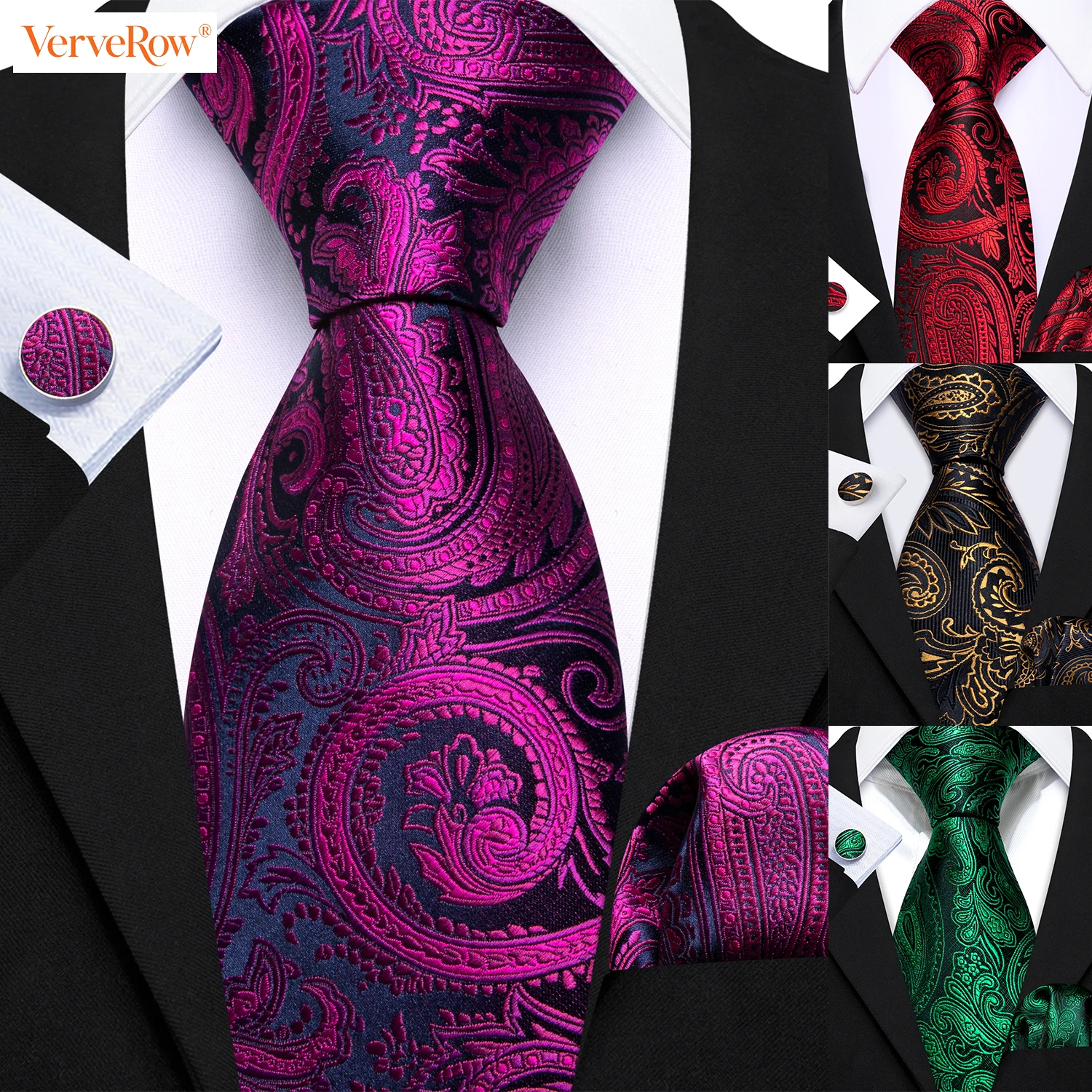 Elegant Jacquard Floral Men Tie Pocket Square Cufflink Set Gold Purple Red Green Pink Paisley Necktie For Wedding Business Party