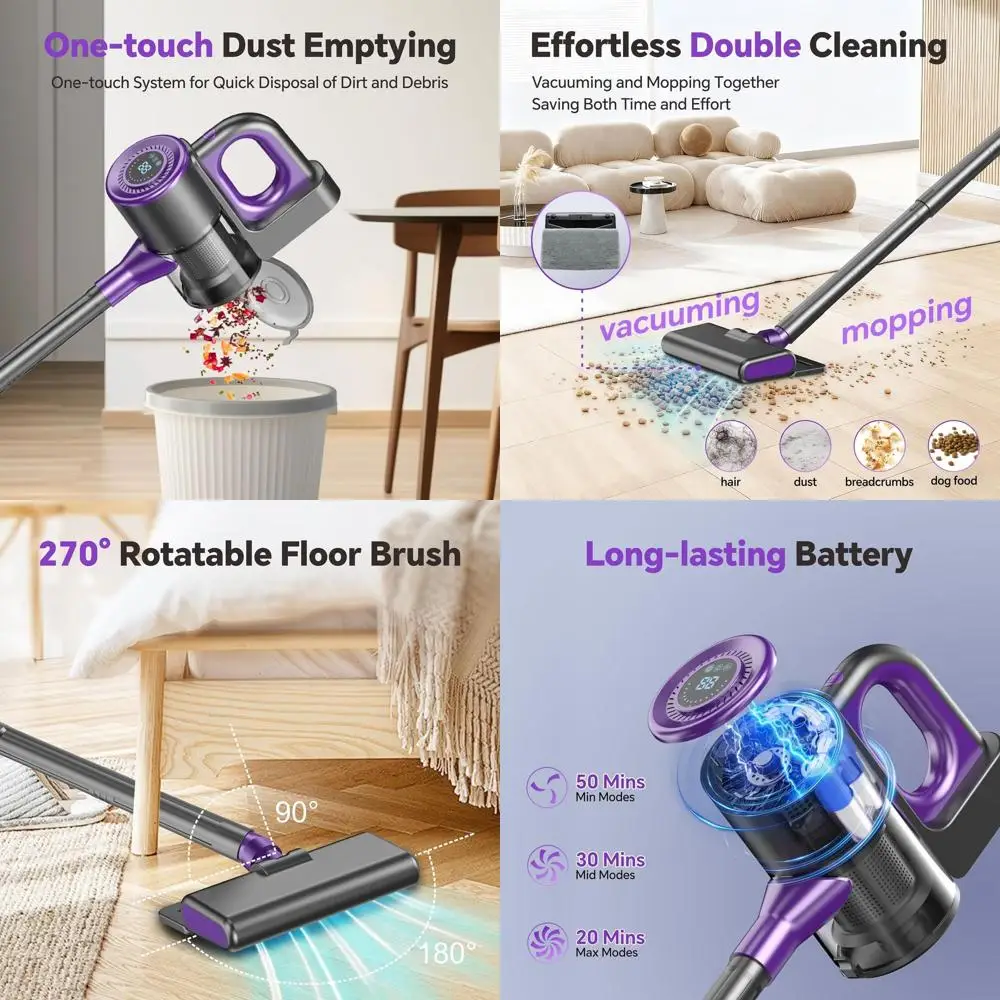 

Портативный беспроводной пылесос с LED-дисплеем, 3-скоростной режим всасывания для дома, шерсти животных, твердых полов и ковров