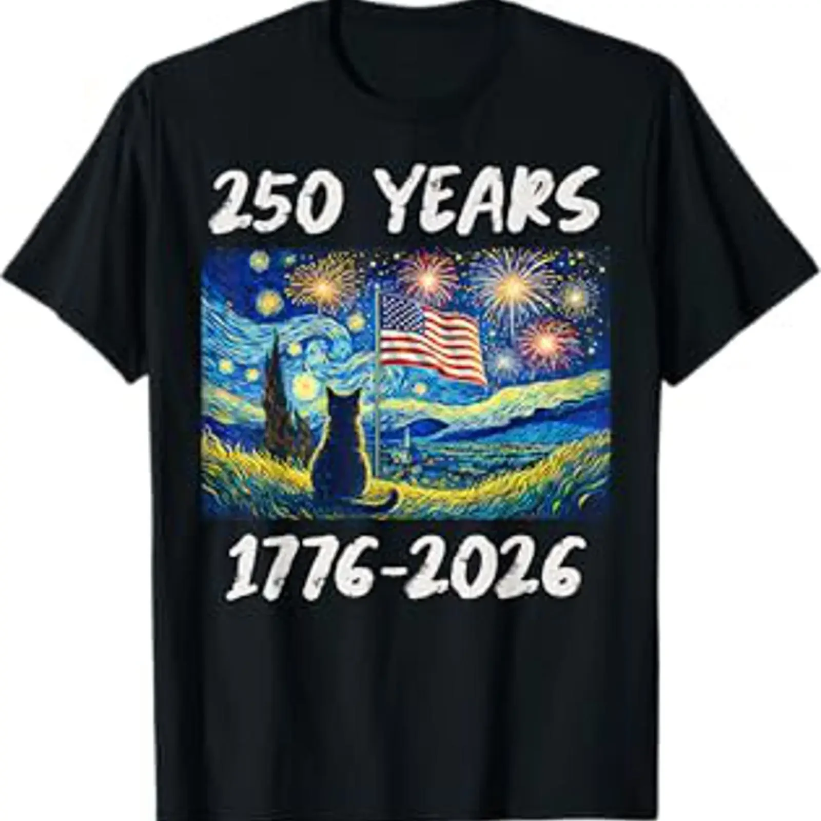 250 Years American Flag 1776 2026 Cat Starry Night T Shirt vintage Washed Top For Everyday Wear graphic Casual fashion