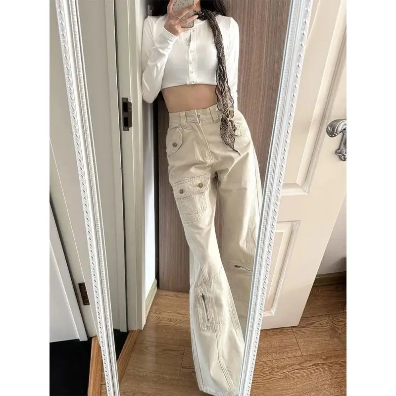 Y2K Coffee Jeans Women High Waisted Slim Fit Trousers White Workwear Pants American Style Autumn Micro Flare Leg
