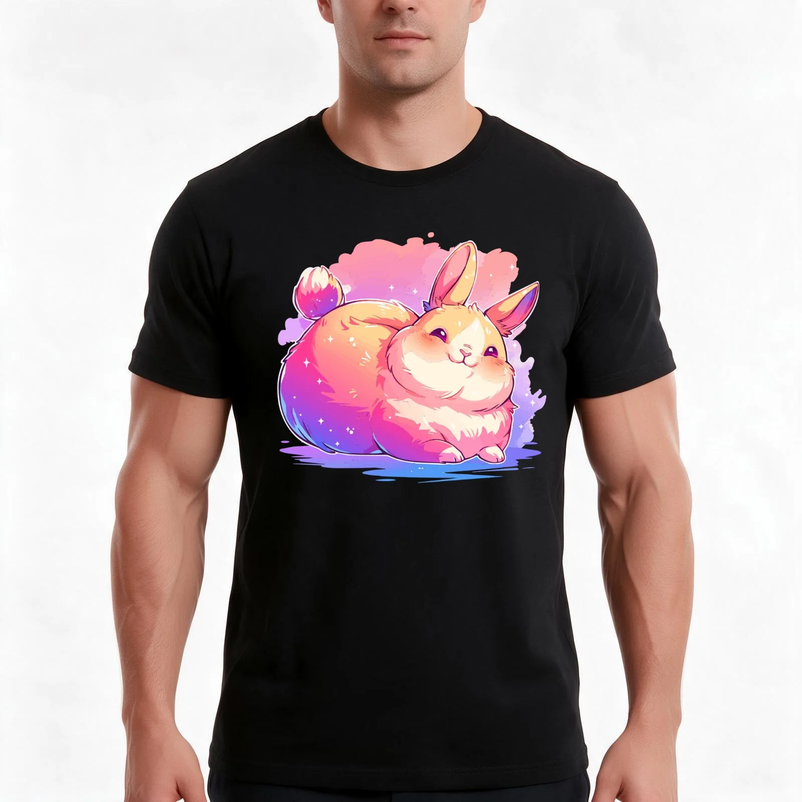 Happy chubby bunny with vivid colors T-Shirt, Summer Casual Cotton Tee, Oversized Streetwear Tops, Vintage Graphic Print