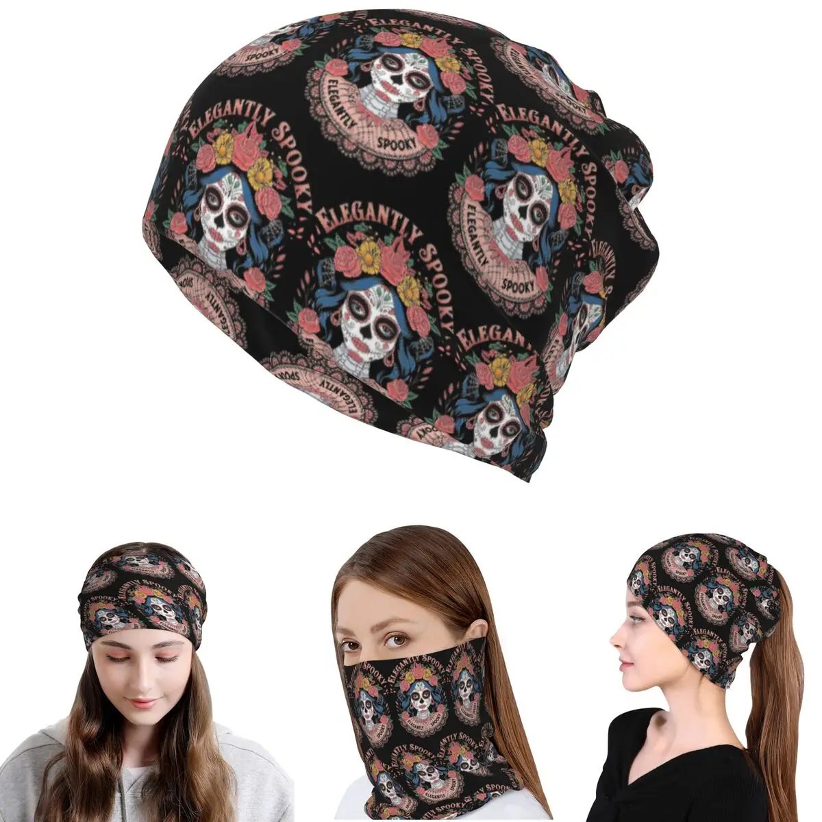 Mexican Catrina Girl Day Of The Dead Sugar Skull Bandana Neck Cover Mask Scarf Face Mask Beanies Hat Unisex Adult Breathable