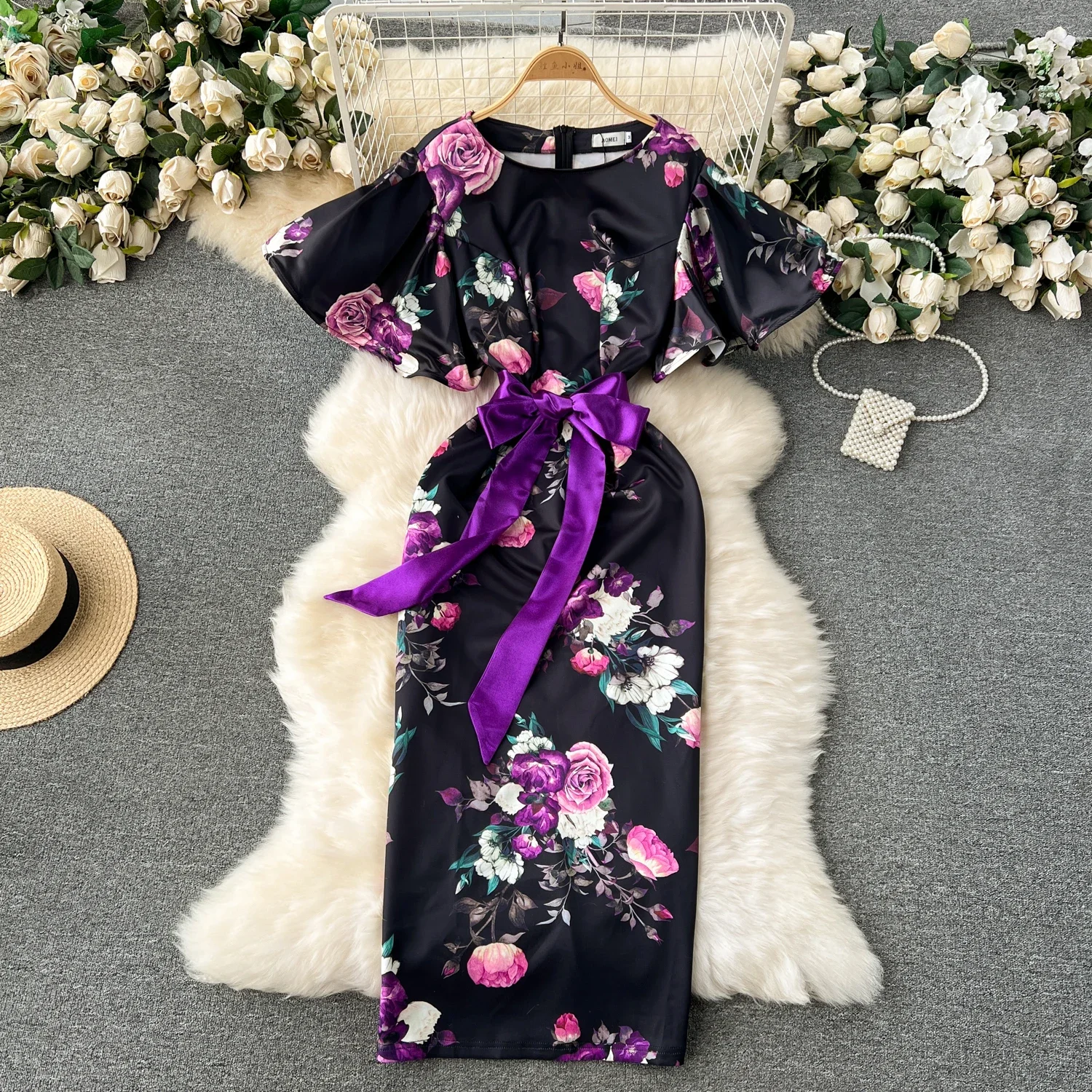 

Chic Elegant Floral Print Lace Up Bodycon Dress Women Short Sleeve O Neck Fashion Vestido Slim Ceremonial Evening Party Dresses