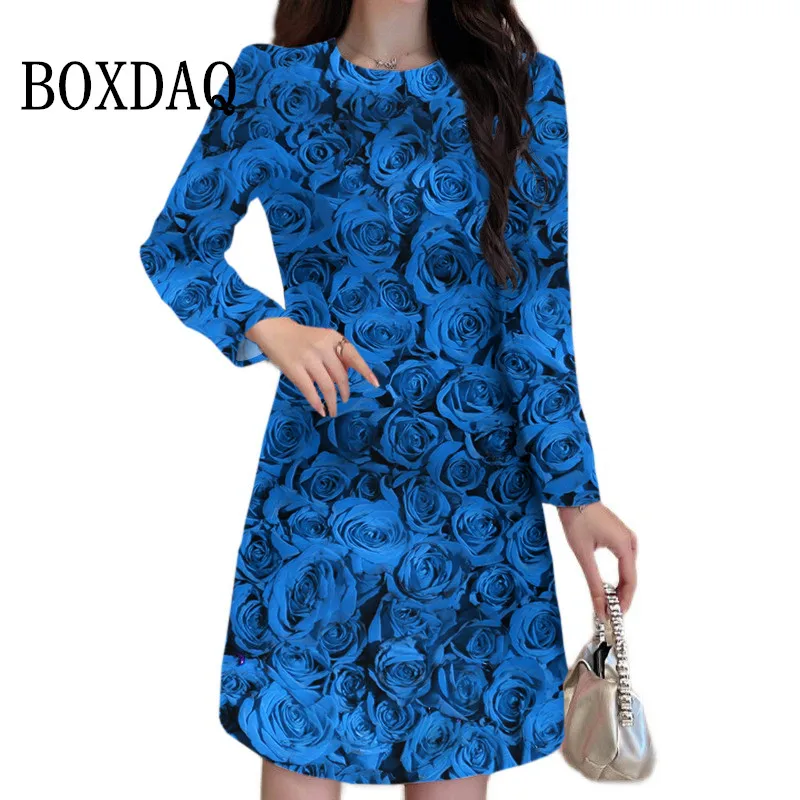 New Rose Dresses Valentine Women Clothing Oversized Long Sleeve Loose Casual Dress Flowers 3D Printing Evening Party Mini Dress