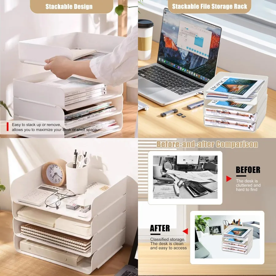 4 Tier Stackable Desk Organizer with Paper Trays for Document Storage Letter and A4 File Paper Management Ideal for Office or H