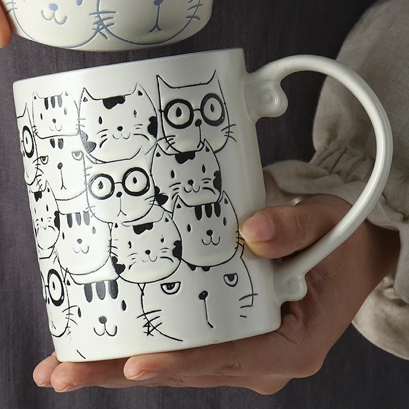 

Ceramic Underglaze Color Hand-painted Cute Cat Mug Drink Water Breakfast Oatmeal Cup Couples Microwave Home