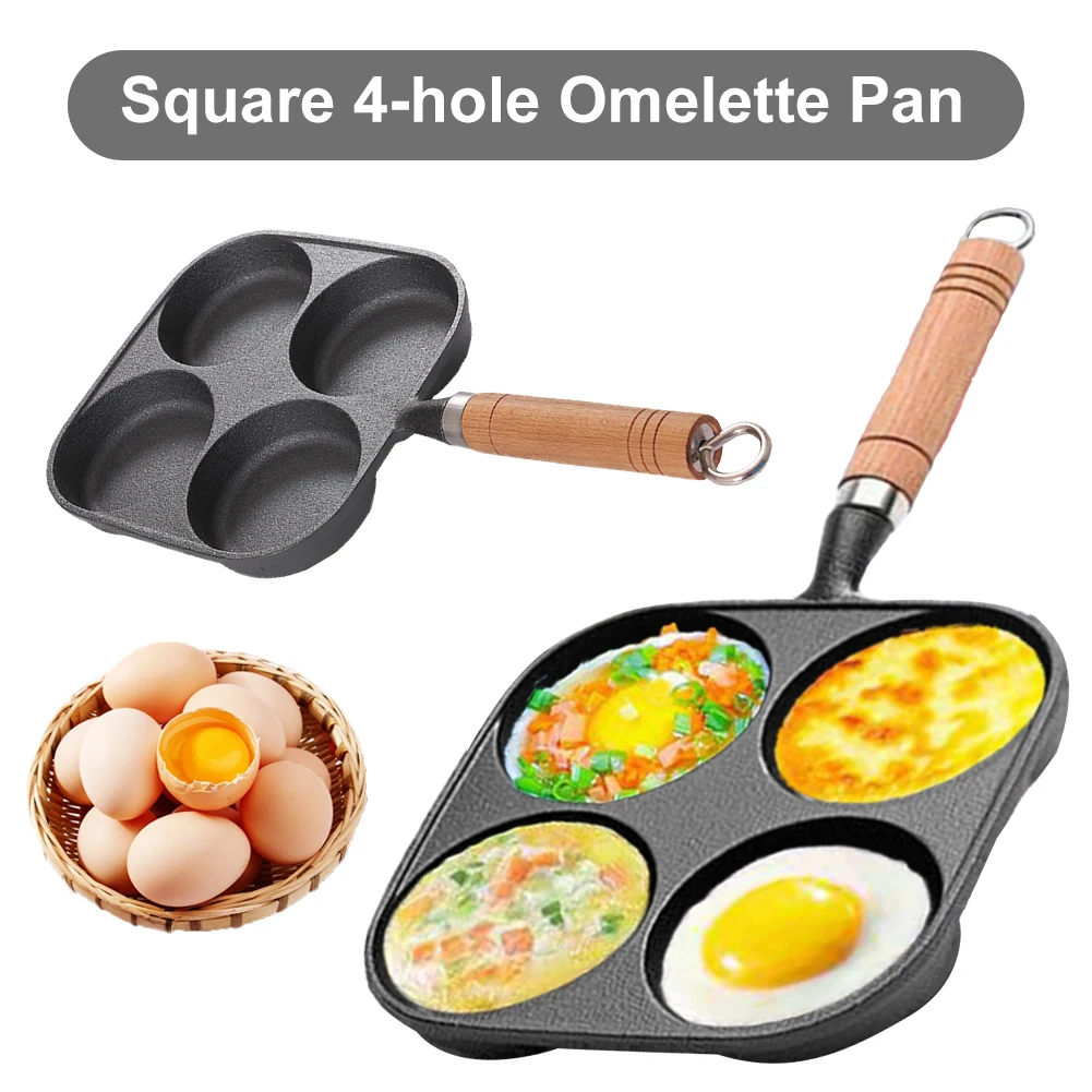 

4 Hole Omelet Pan Egg Frying Pan Granite Coating Omelette Skillet Wooden Handle Fried Egg Pan for Gas Stove and Induction Cooker