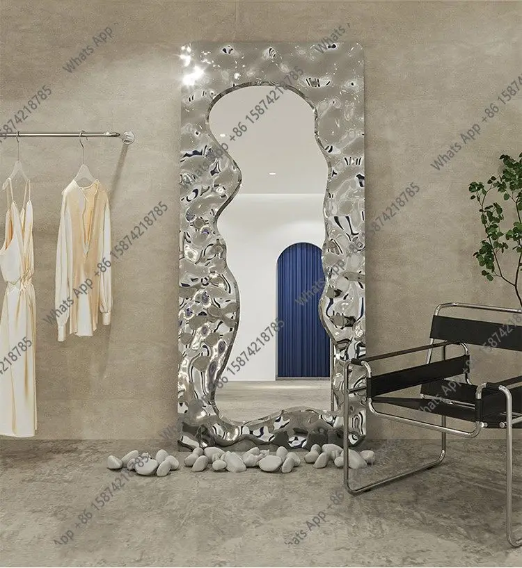 Clothing store floor-to-ceiling mirror stainless steel water ripple full body fitting mirror against the wall dressing