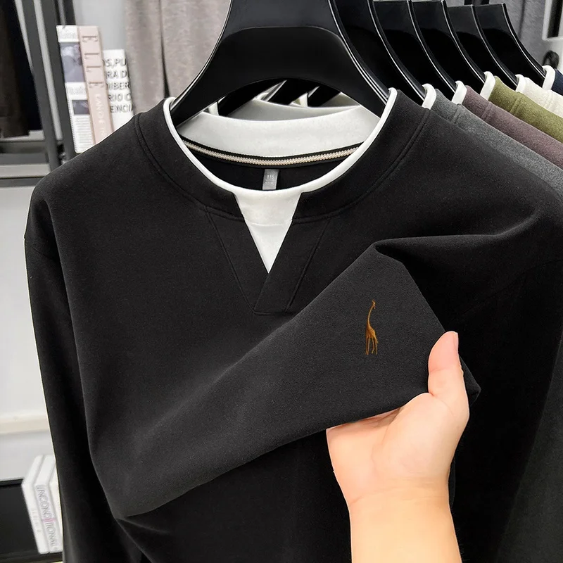 High-End Men’s Long Sleeve T-Shirt Round Neck Color Blocking False Two-Piece Embroidery Comfortable Fashion Hot-Selling for Men