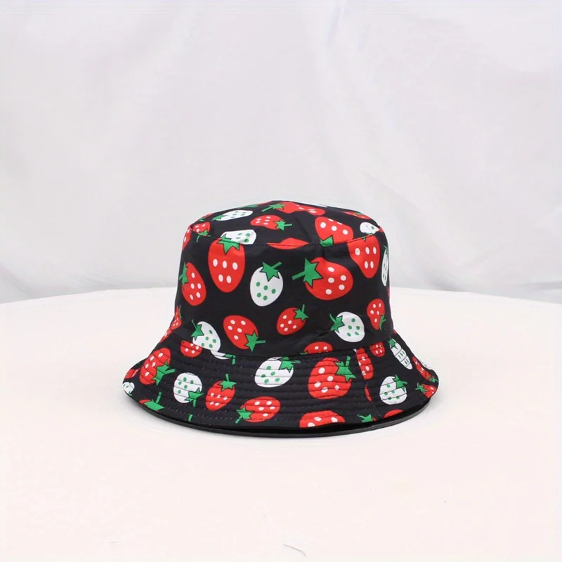 Cartoon Strawberry Print Sunshade Bucket Hats Fruit Big Brim Panama Foldable Outdoor Sports Cycling Travel Beach Fisherman Hat