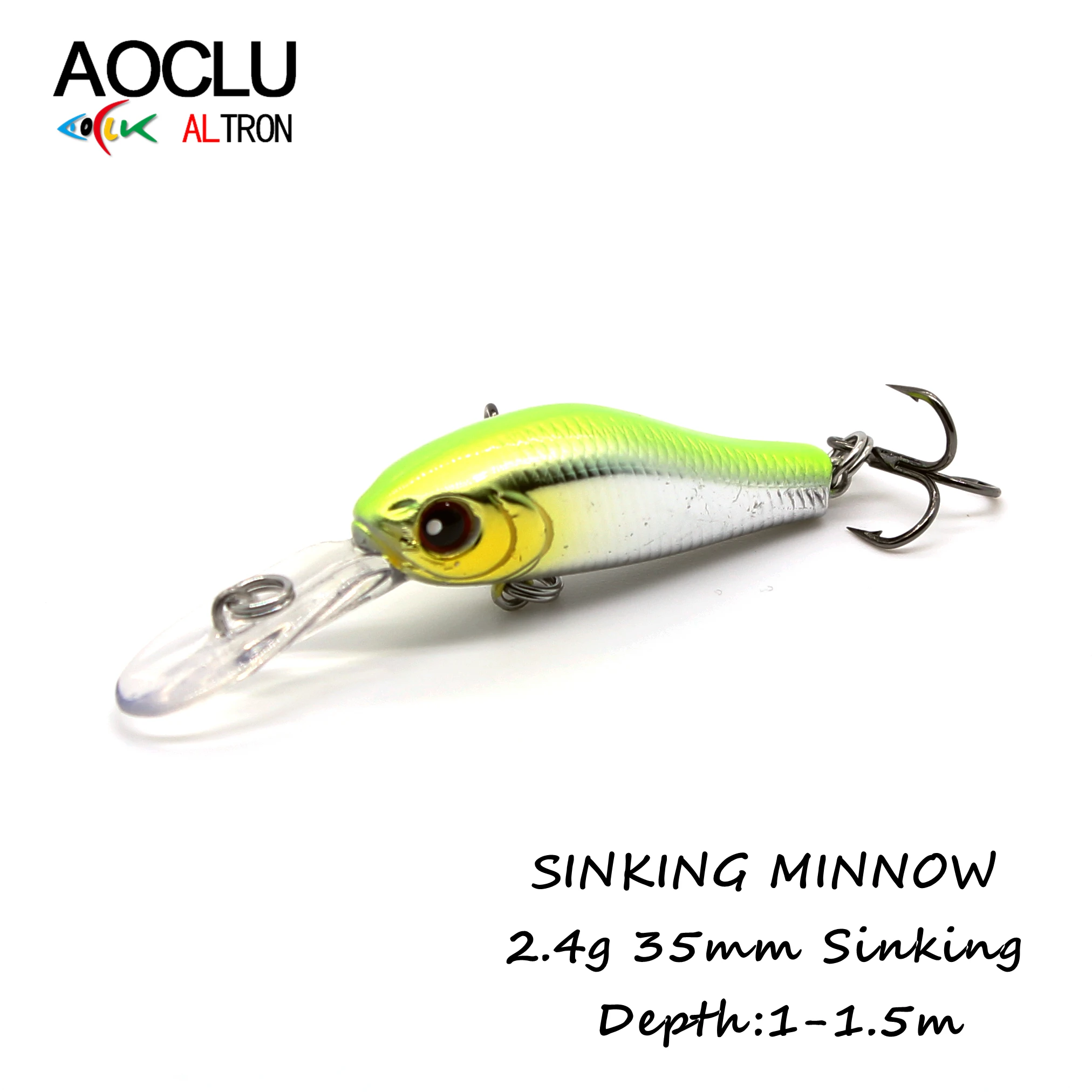 AOCLU Sinking Mini Minnow Crank 35mm 2.4g Wobbler Jerkbait Hard Bait Fishing Lure Diving 1.2m Bass Fresh Saltwater 14#  Hook