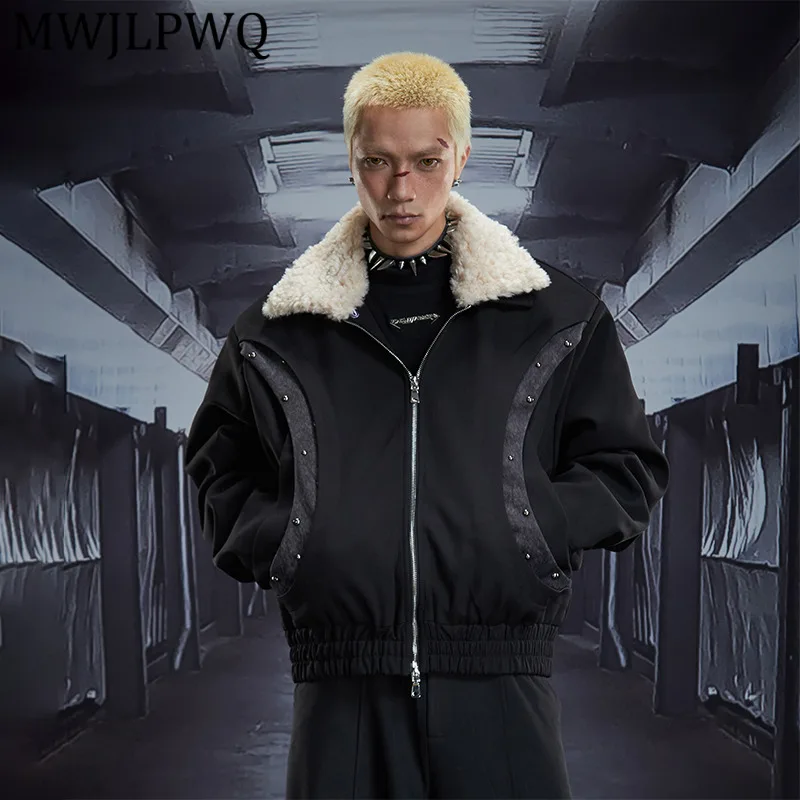 

MWJLPWQ Men's Deconstructed Patchwork Rivet Short Cotton Coat Street High-End Detachable Fur Collar Thickened Casual Tops 12989