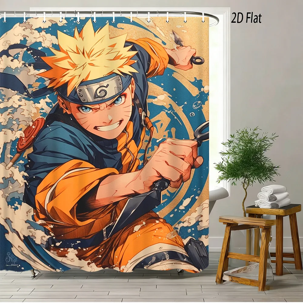 2D Flat Naruto Anime Naruto Uzumaki Kunai Wave Print Waterproof Shower Curtain for Bathroom Decor